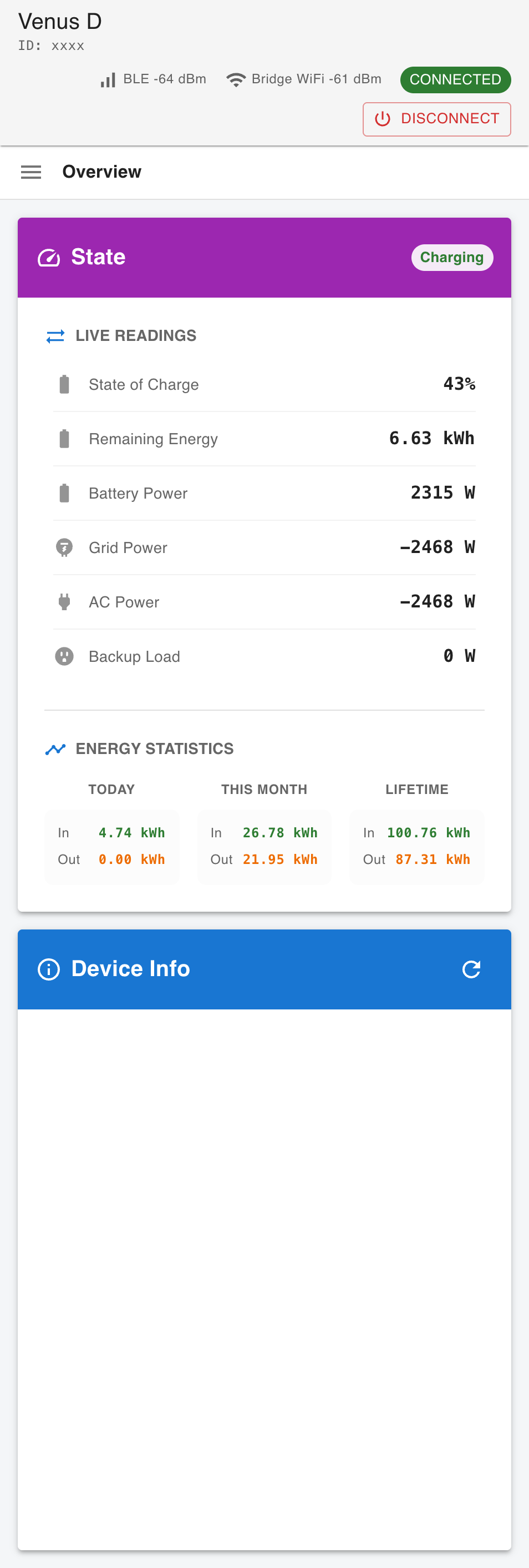 Bedienoberfläche auf dem Smartphone: Ladezustand, Batterie- und Netzleistung sowie der WLAN-Empfang der Bridge neben dem Bluetooth-Signal