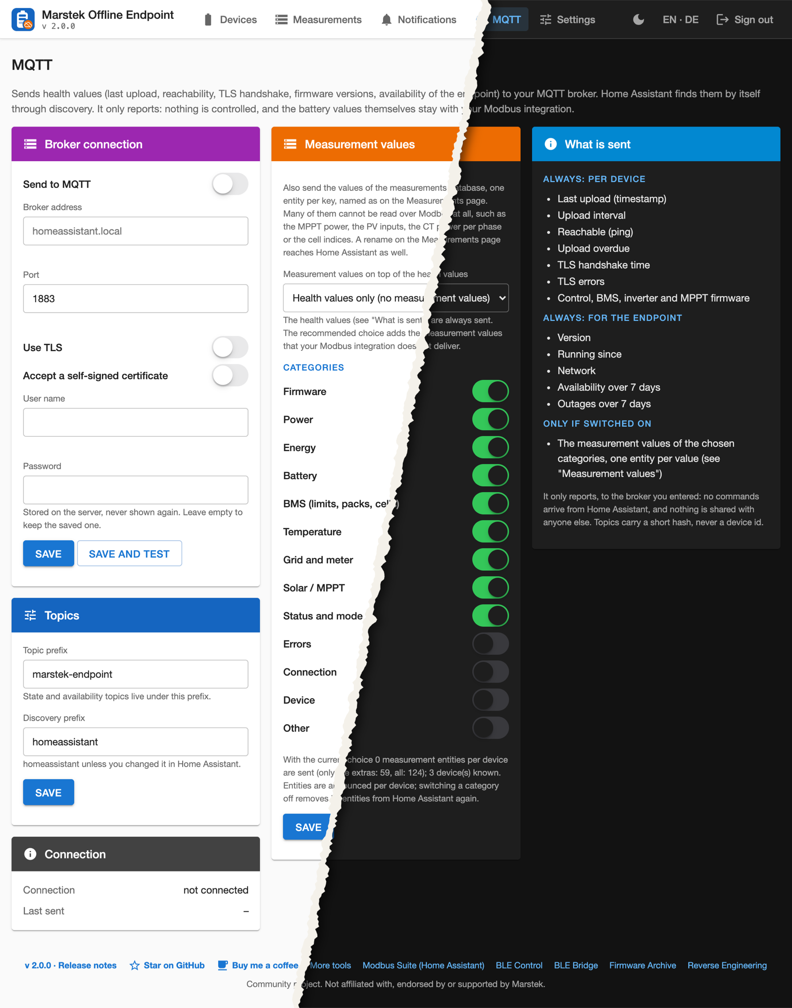 MQTT-Seite mit Broker-Verbindung, Topics, der Auswahl der Messwert-Kategorien und der Liste dessen, was gesendet wird