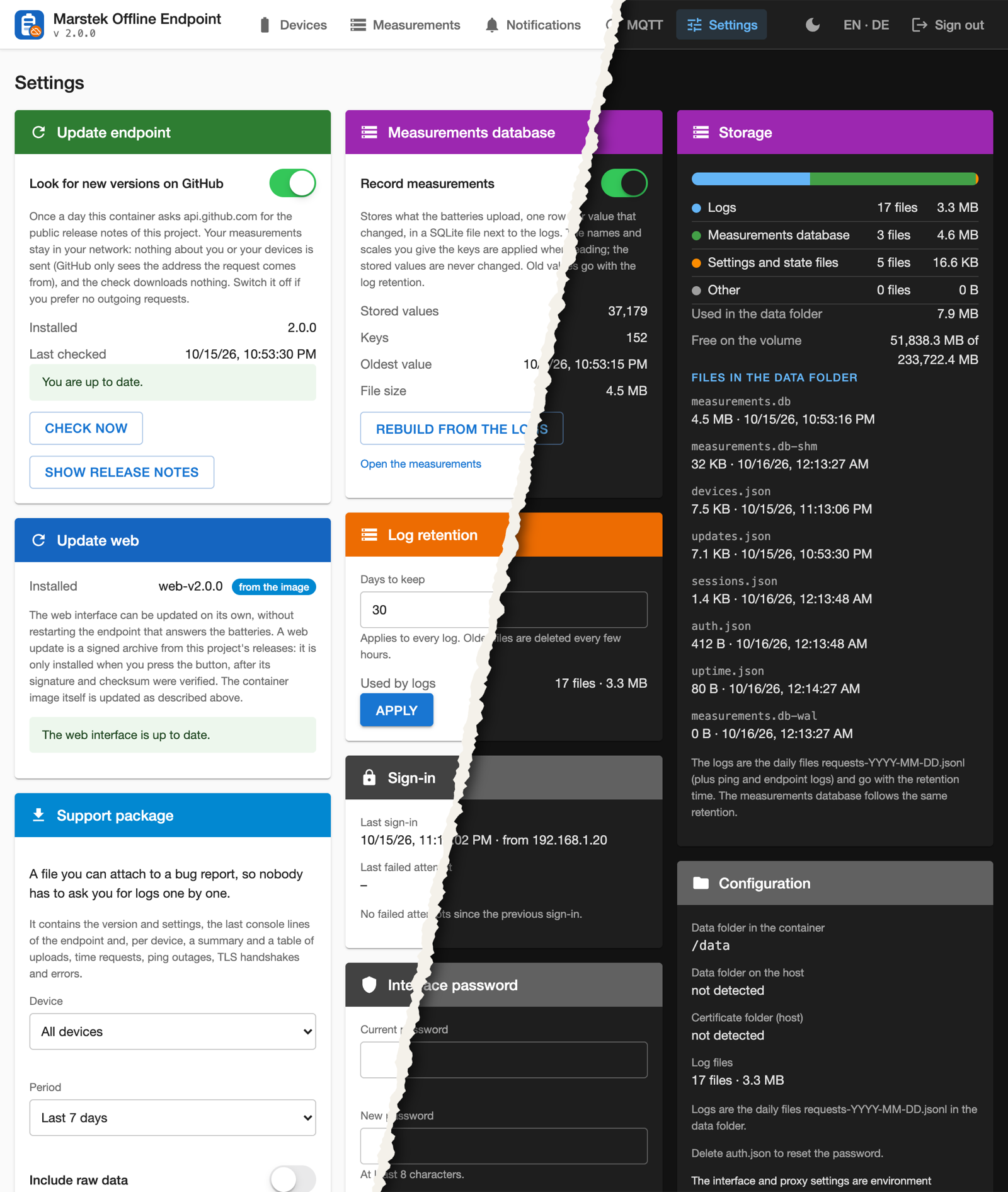 Einstellungsseite mit Updates, Messwerte-Datenbank, Aufbewahrung, Support-Paket, Speicherbelegung und Konfiguration
