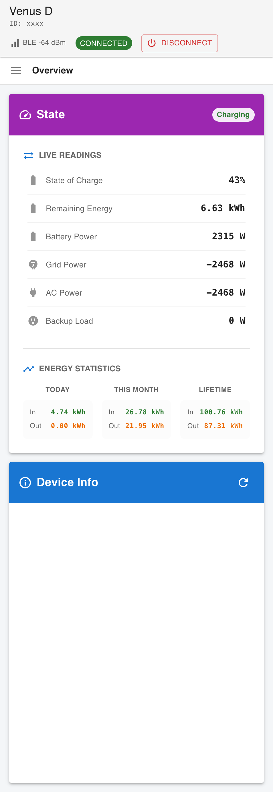 Marstek BLE Control auf dem Smartphone: Ladezustand, Batterie- und Netzleistung, Energiestatistik und Geräteinformationen